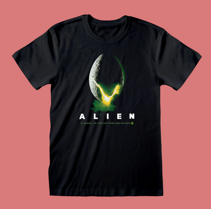 Black t-shirt with 'Alien' graphic design on a white background