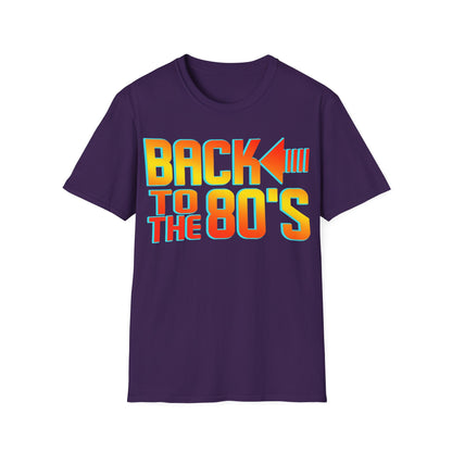 Purple t-shirt with 'Back to the 80's' text in colorful letters on a white background