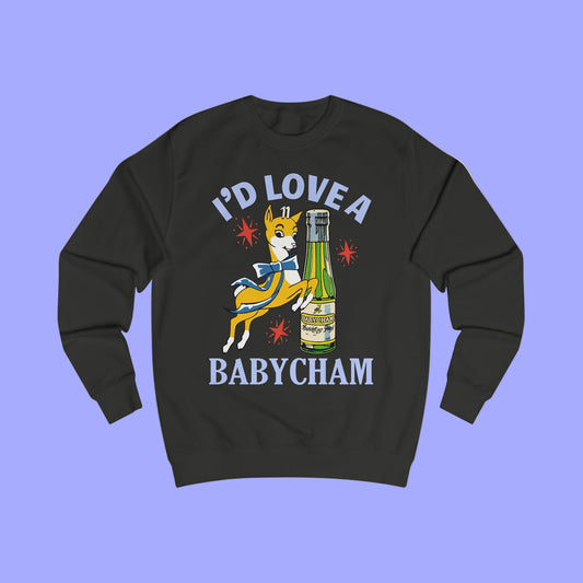 Black sweatshirt with a graphic of a deer holding a bottle and text 'I'd Love a Babycham' on a white background