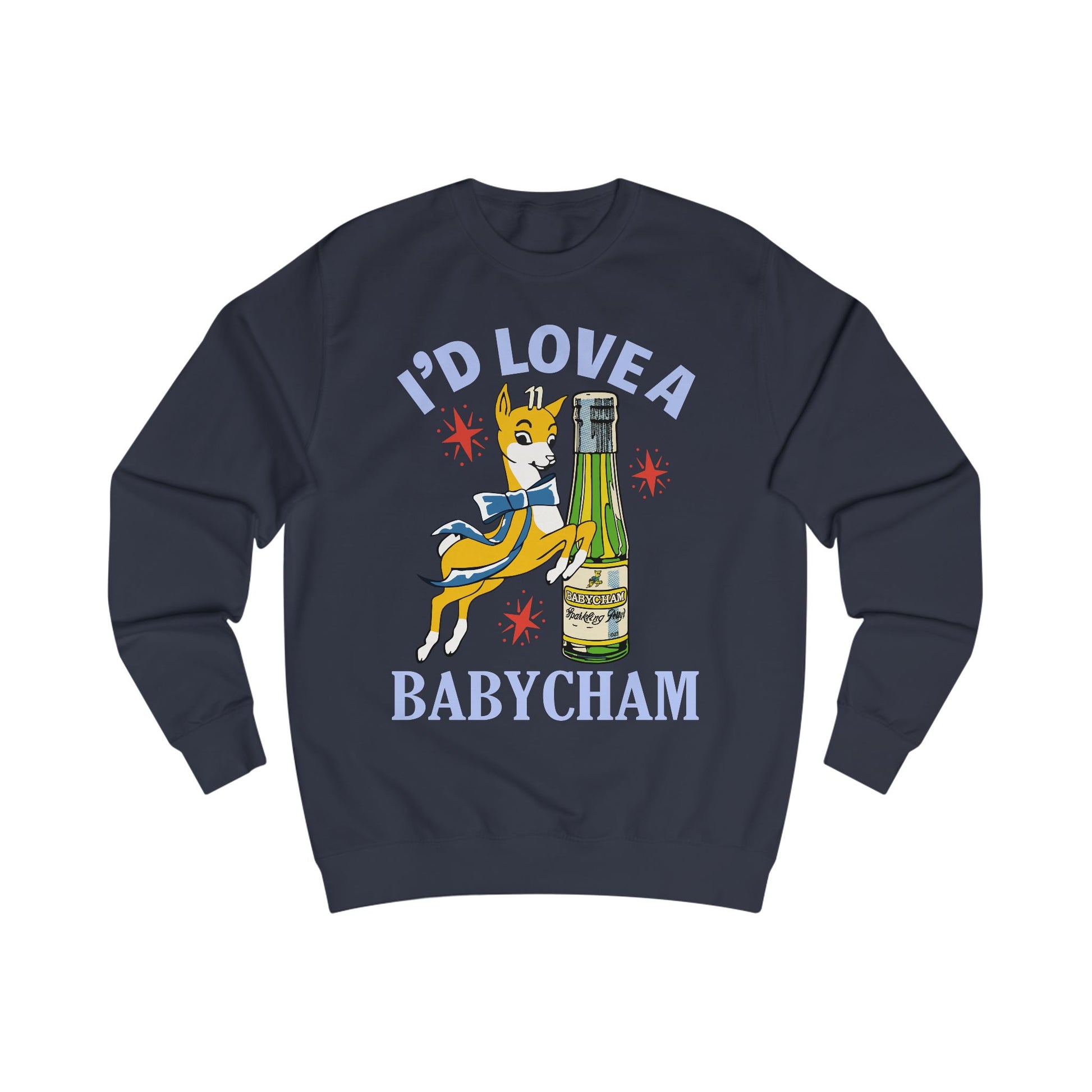 Navy blue sweatshirt with a graphic of a deer holding a bottle and text 'I'd Love a Babycham' on a white background