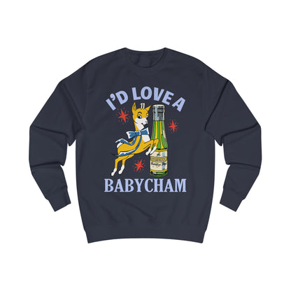 Navy blue sweatshirt with a graphic of a deer holding a bottle and text 'I'd Love a Babycham' on a white background
