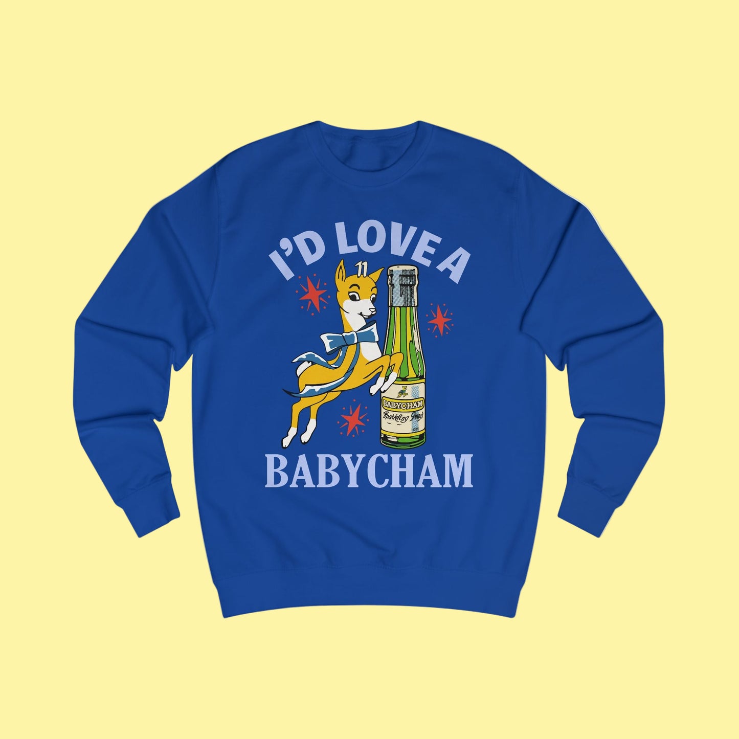 Blue sweatshirt with a graphic of a deer holding a bottle and text 'I'd Love a Babycham' on a white background