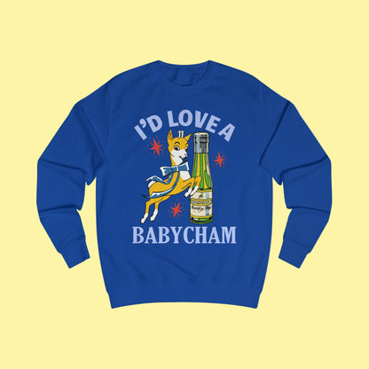 Blue sweatshirt with a graphic of a deer holding a bottle and text 'I'd Love a Babycham' on a white background