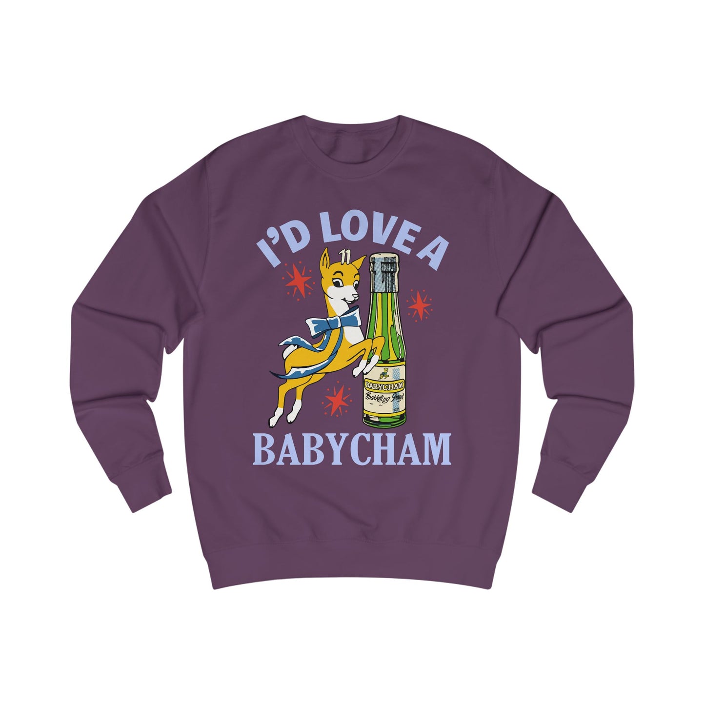 Purple sweatshirt with a graphic of a deer holding a bottle and text 'I'd Love a Babycham' on a white background