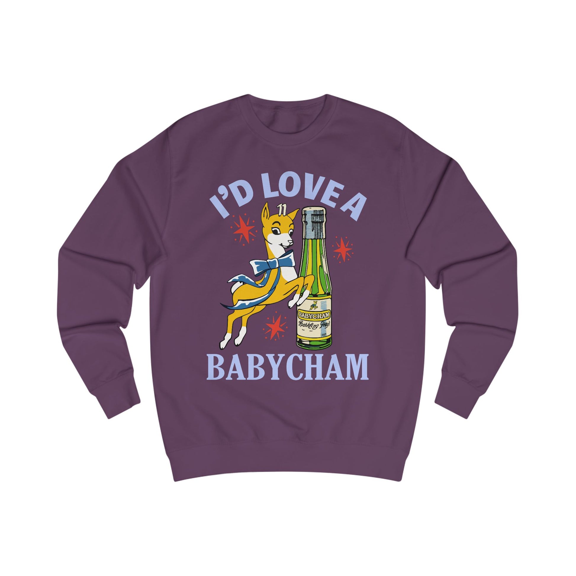 Purple sweatshirt with a graphic of a deer holding a bottle and text 'I'd Love a Babycham' on a white background