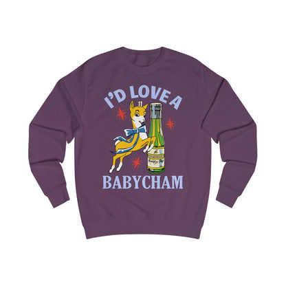 Purple sweatshirt with a graphic of a deer holding a bottle and text 'I'd Love a Babycham' on a white background