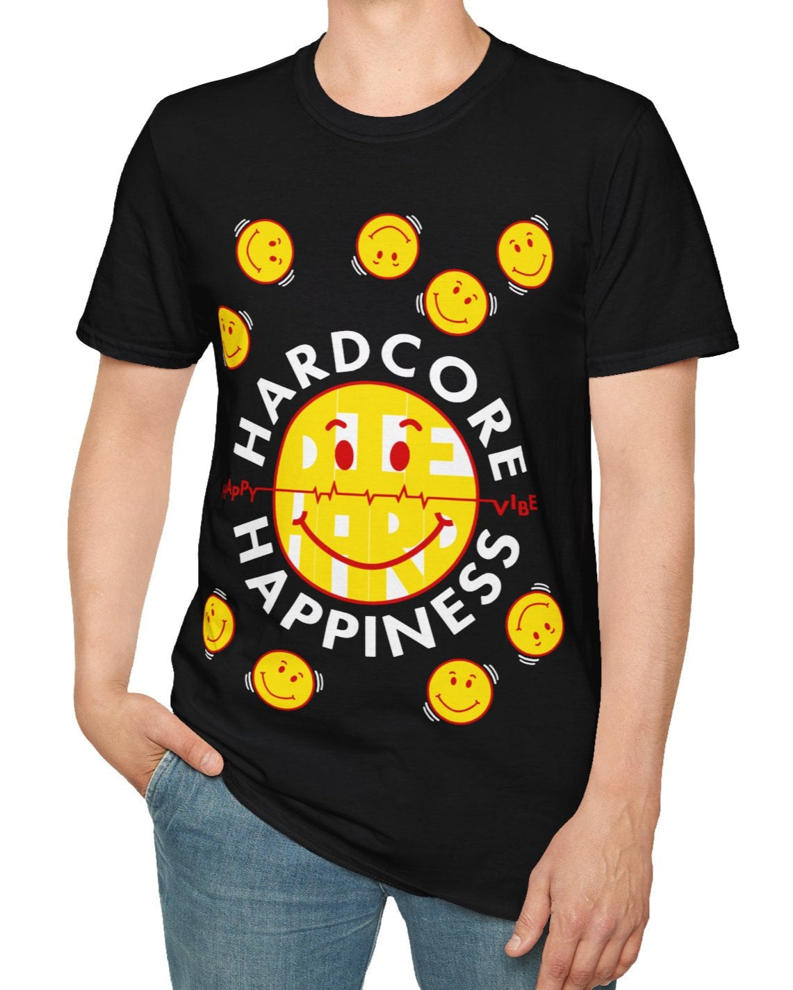 Person wearing a black t-shirt with a smiley face graphic and Hardcore Happiness text on a white background