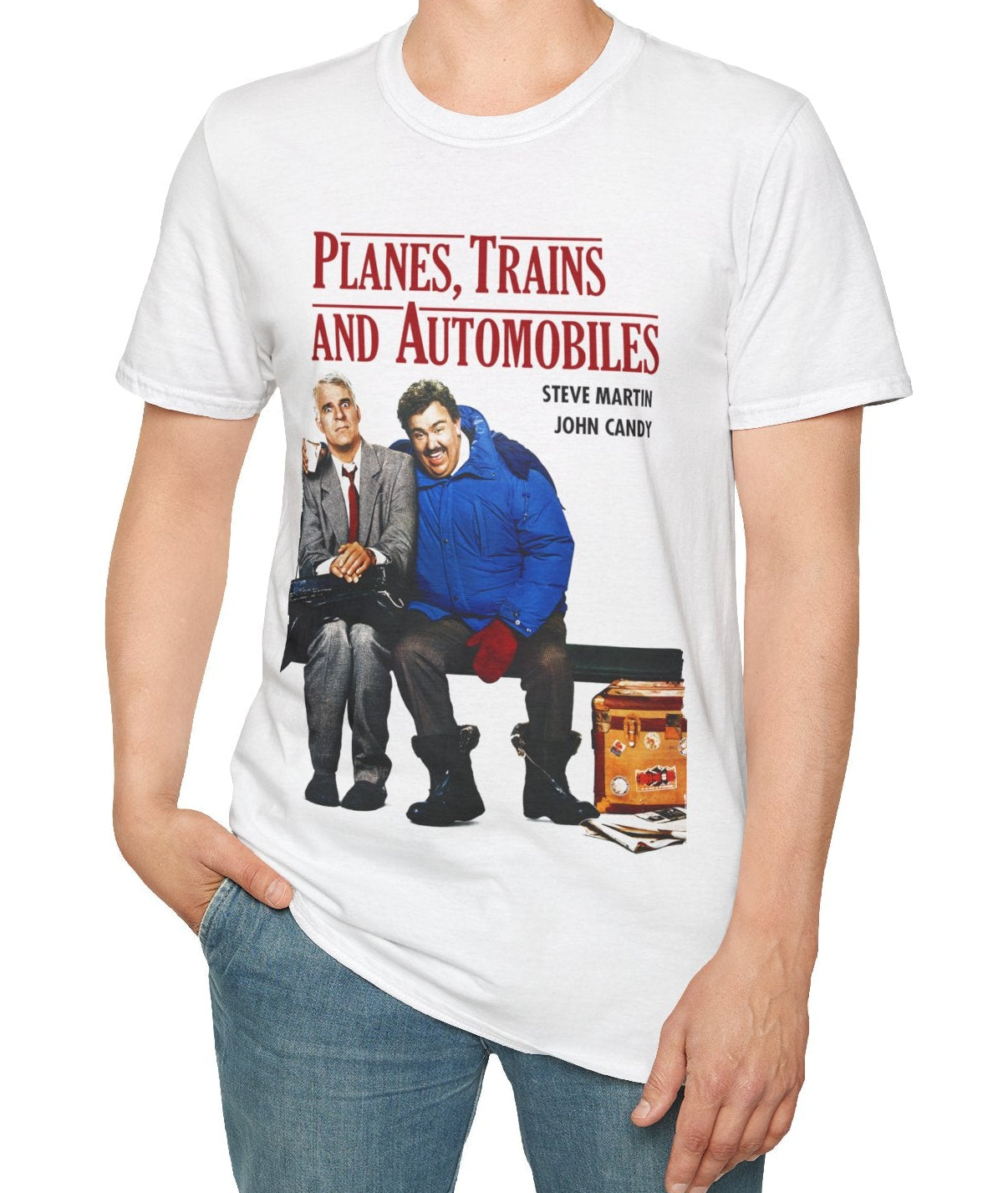 Person wearing a 'Planes, Trains and Automobiles' t-shirt with a movie poster design.