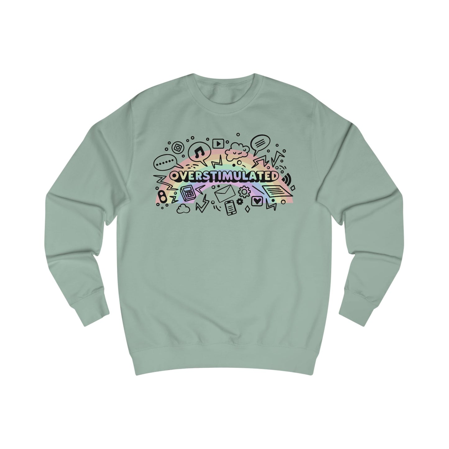 Light green sweatshirt with colorful 'OVERSTIMULATED' graphic design with rainbow background