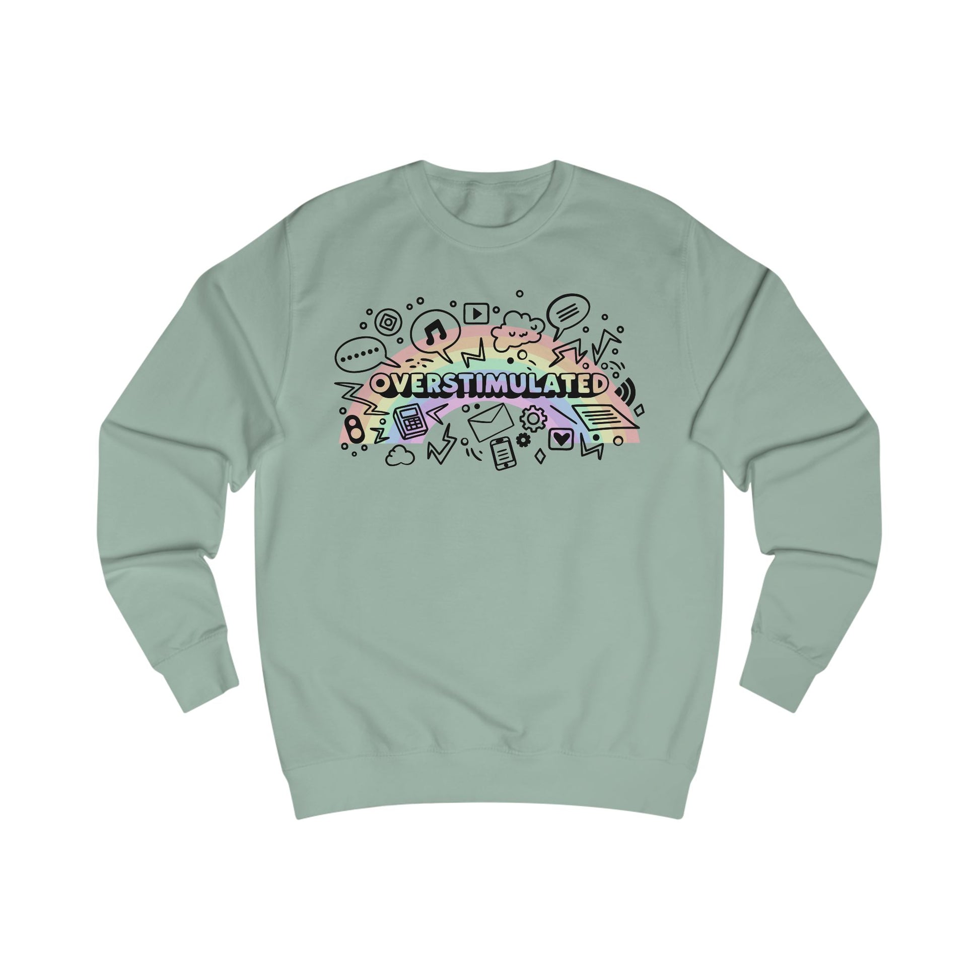 Light green sweatshirt with colorful 'OVERSTIMULATED' graphic design with rainbow background