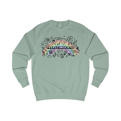 Light green sweatshirt with colorful 'OVERSTIMULATED' graphic design with rainbow background