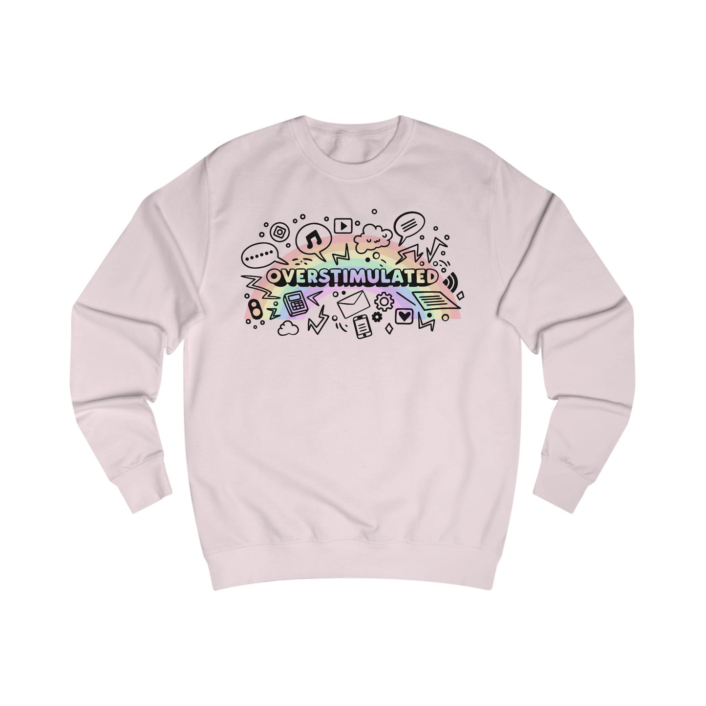 Light pink sweatshirt with colorful 'OVERSTIMULATED' graphic design with rainbow background
