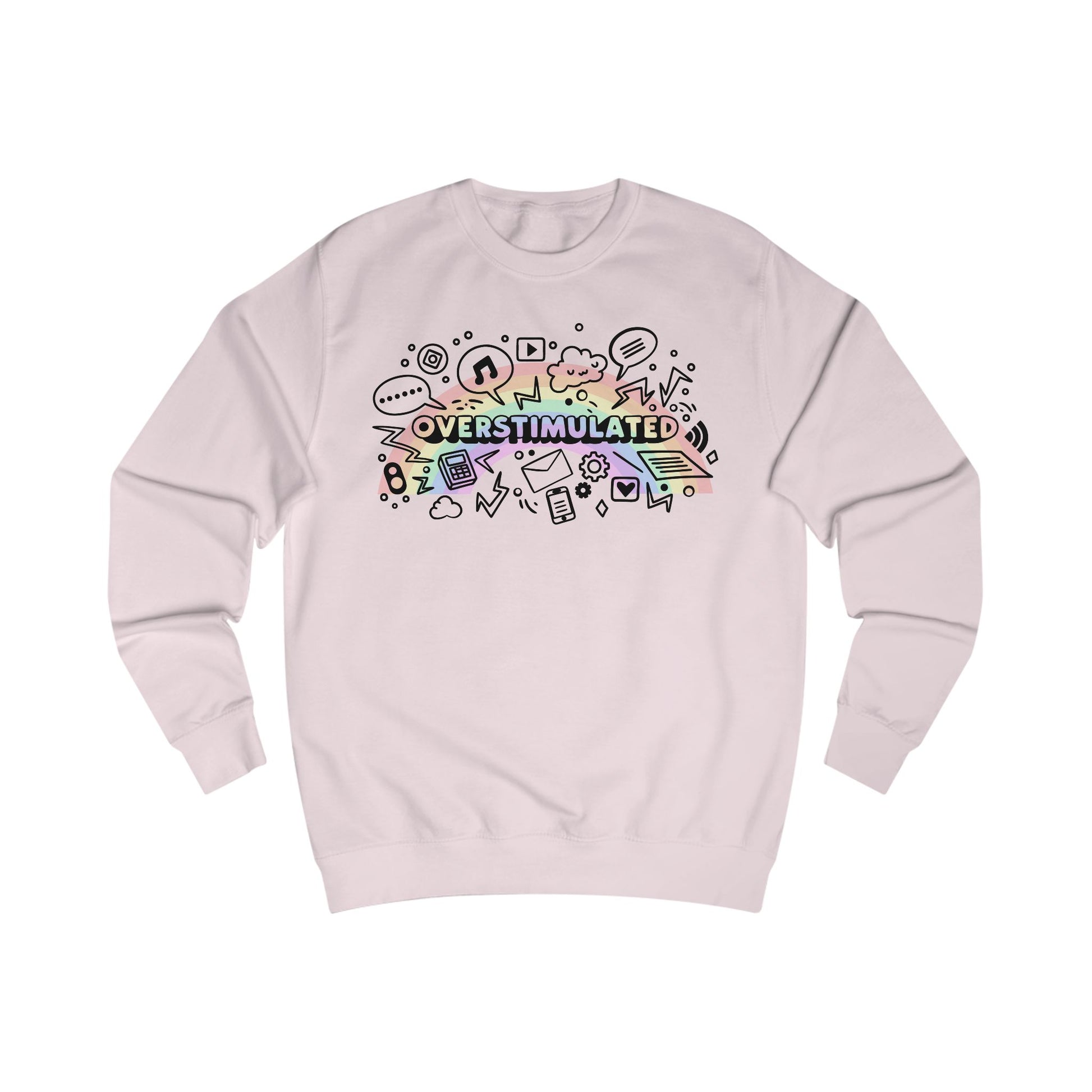 Light pink sweatshirt with colorful 'OVERSTIMULATED' graphic design with rainbow background