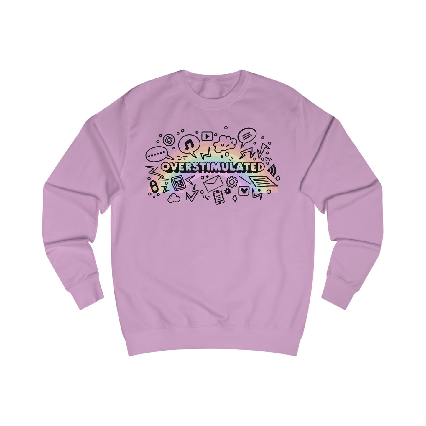 Lilac sweatshirt with colourful 'OVERSTIMULATED' graphic design with rainbow background