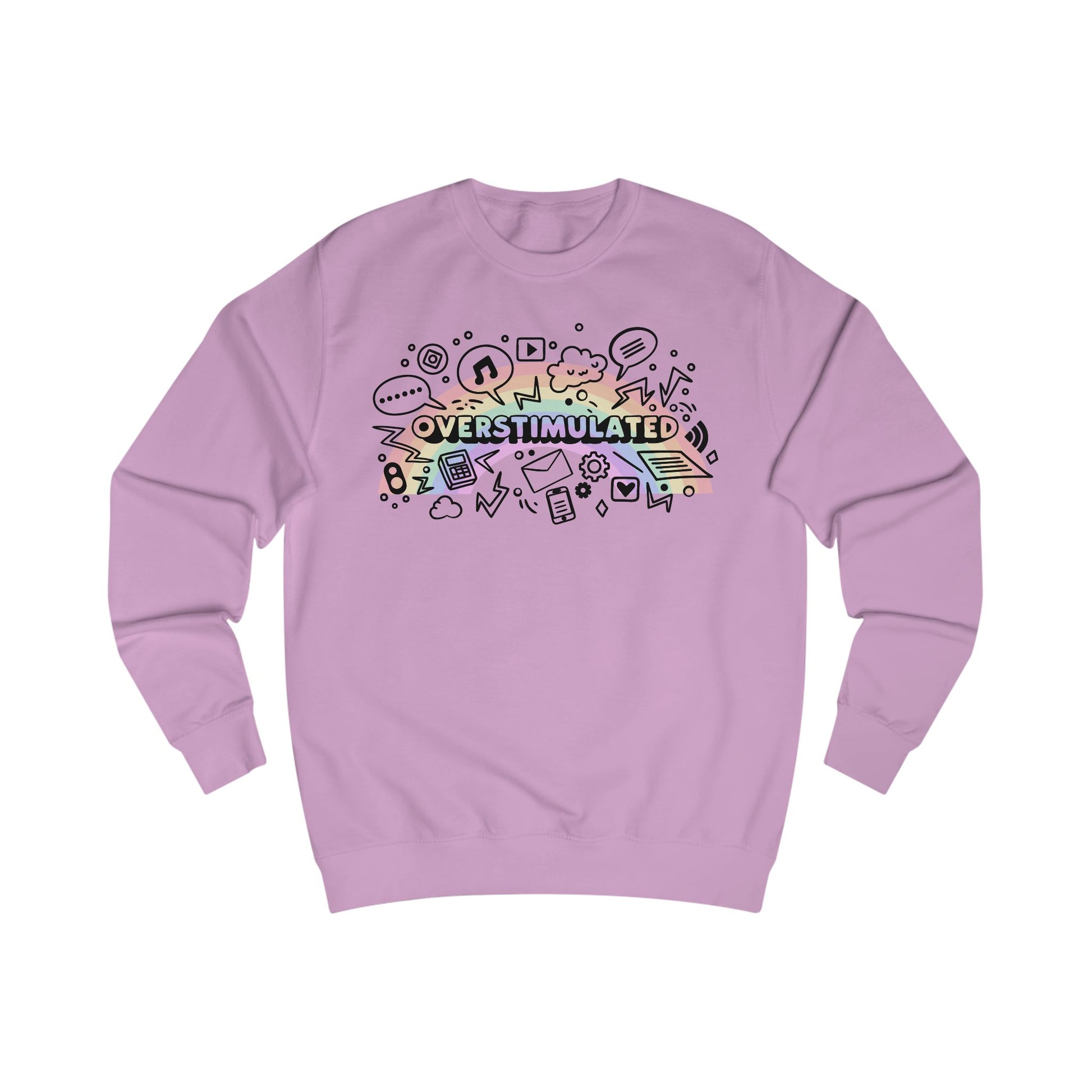 Lilac sweatshirt with colourful 'OVERSTIMULATED' graphic design with rainbow background