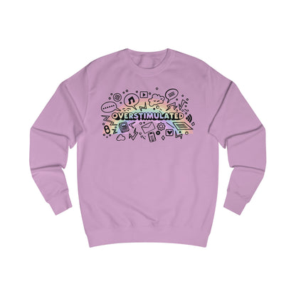 Lilac sweatshirt with colourful 'OVERSTIMULATED' graphic design with rainbow background