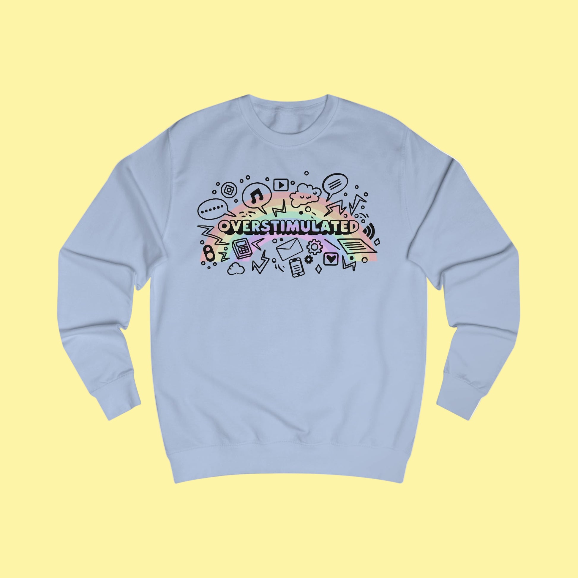 Light blue sweatshirt with colorful graphic and text 'OVERSTIMULATED' on a white background
