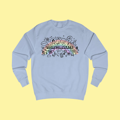 Light blue sweatshirt with colorful graphic and text 'OVERSTIMULATED' on a white background