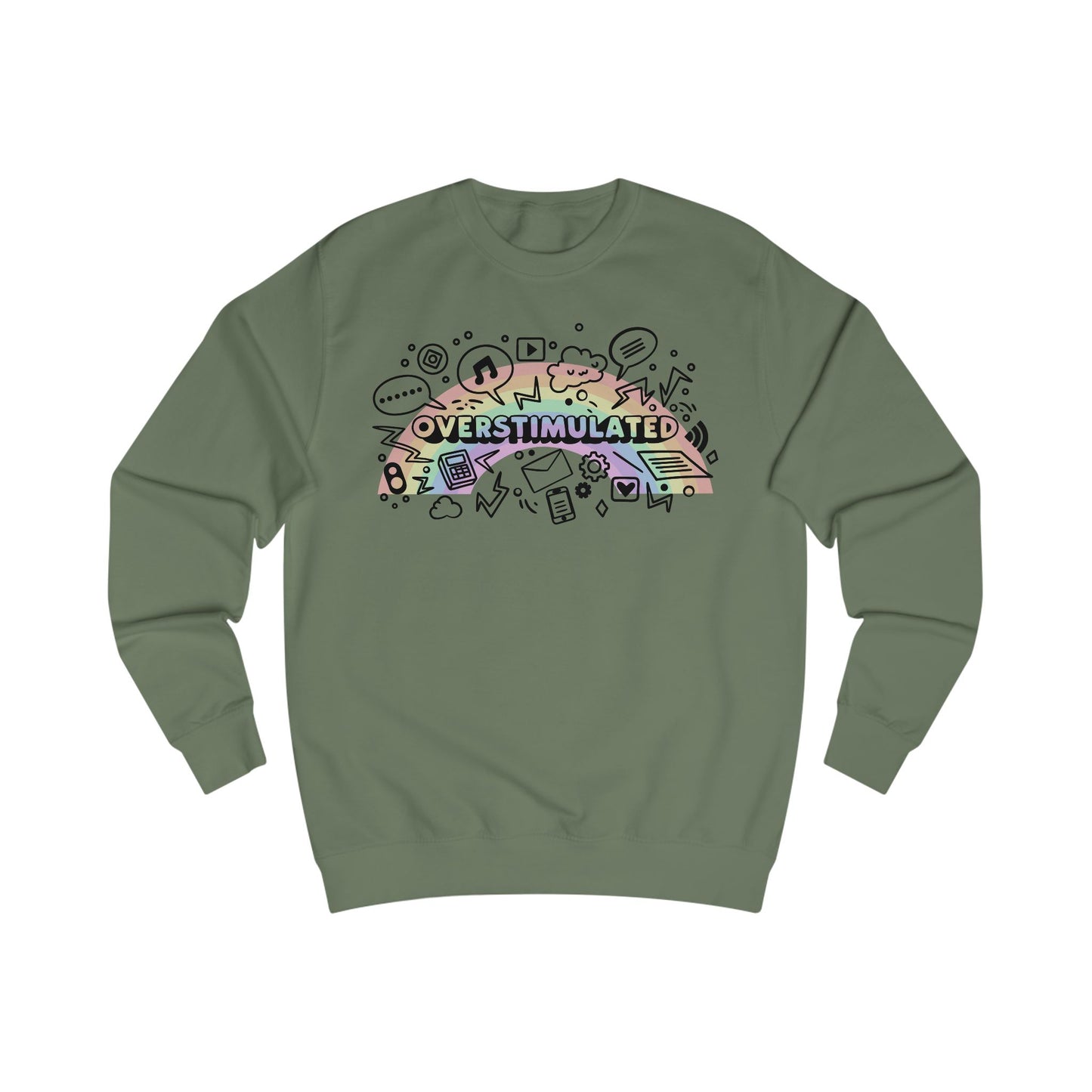 Green sweatshirt with colorful 'OVERSTIMULATED' graphic design with rainbow background