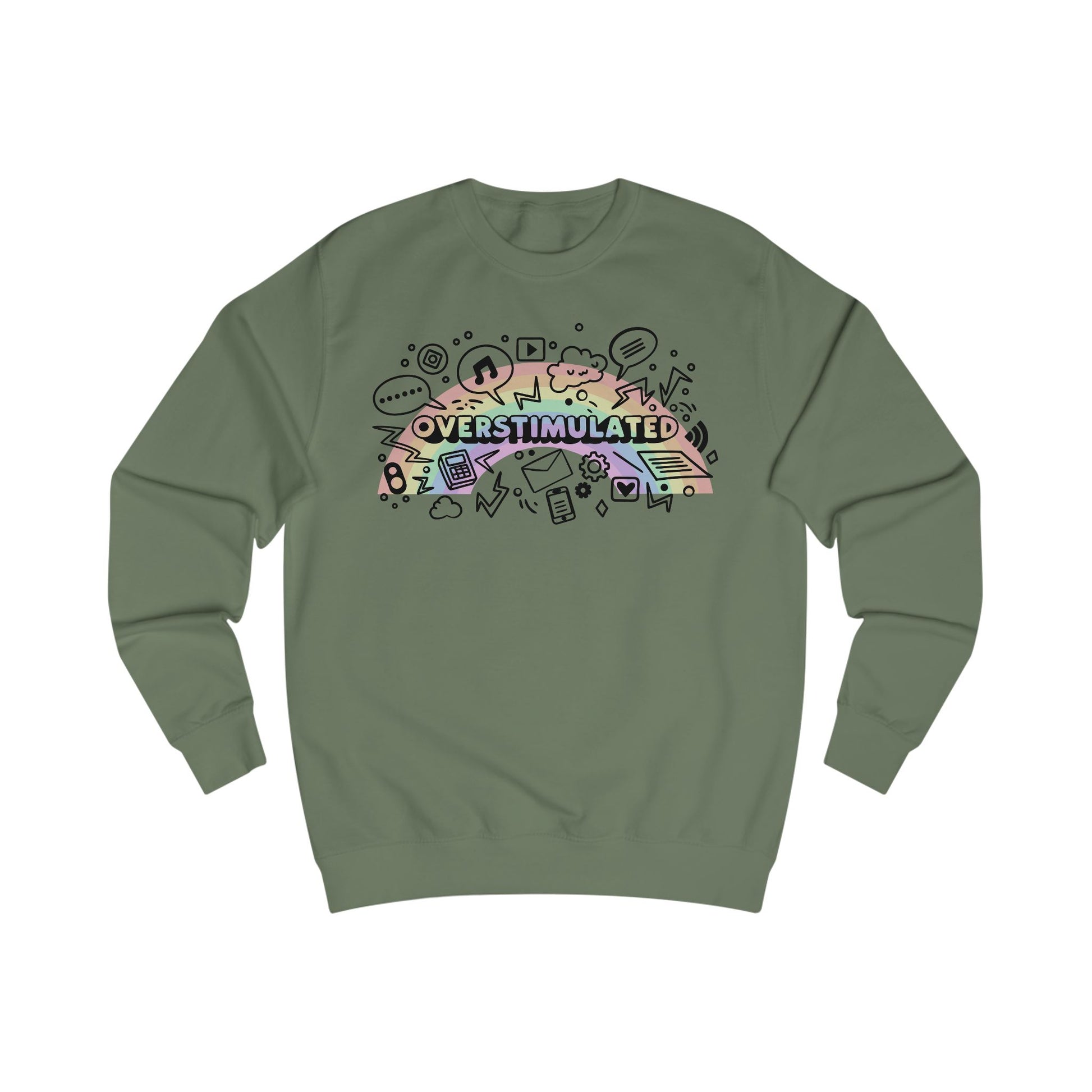 Green sweatshirt with colorful 'OVERSTIMULATED' graphic design with rainbow background