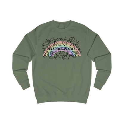 Green sweatshirt with colorful 'OVERSTIMULATED' graphic design with rainbow background