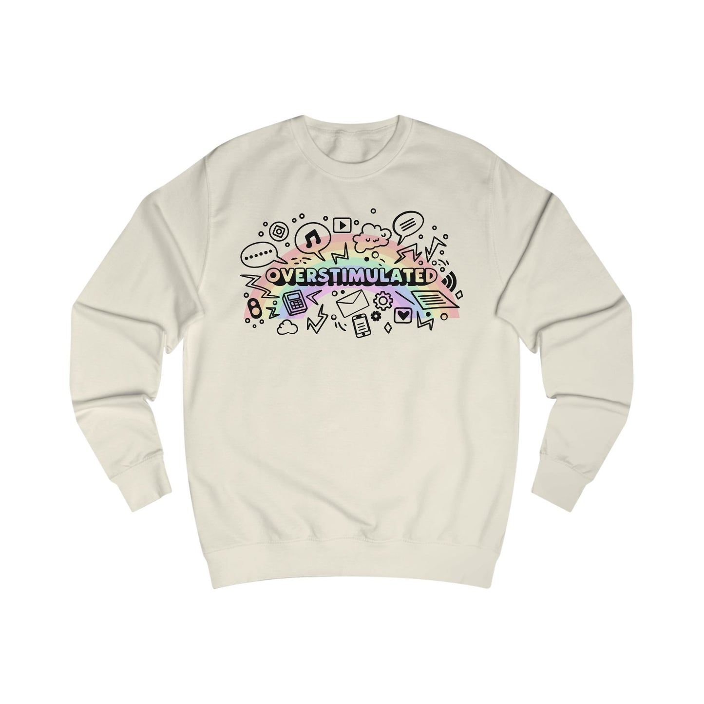 Beige sweatshirt with colorful 'OVERSTIMULATED' graphic design with rainbow background