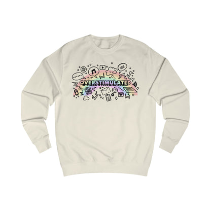 Beige sweatshirt with colorful 'OVERSTIMULATED' graphic design with rainbow background