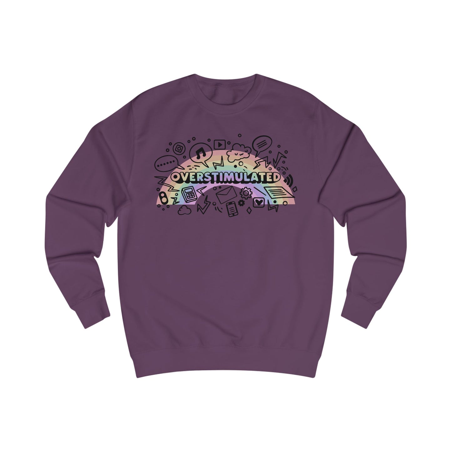 Purple sweatshirt with colorful 'OVERSTIMULATED' graphic design with rainbow background