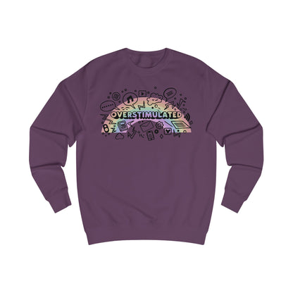 Purple sweatshirt with colorful 'OVERSTIMULATED' graphic design with rainbow background