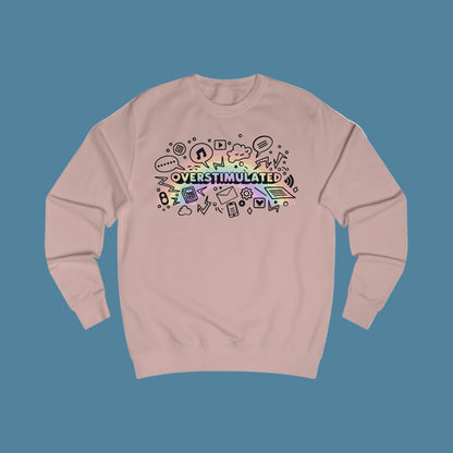Pink sweatshirt with colorful 'OVERSTIMULATED' graphic design with rainbow background