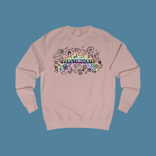 Pink sweatshirt with colorful 'OVERSTIMULATED' graphic design with rainbow background