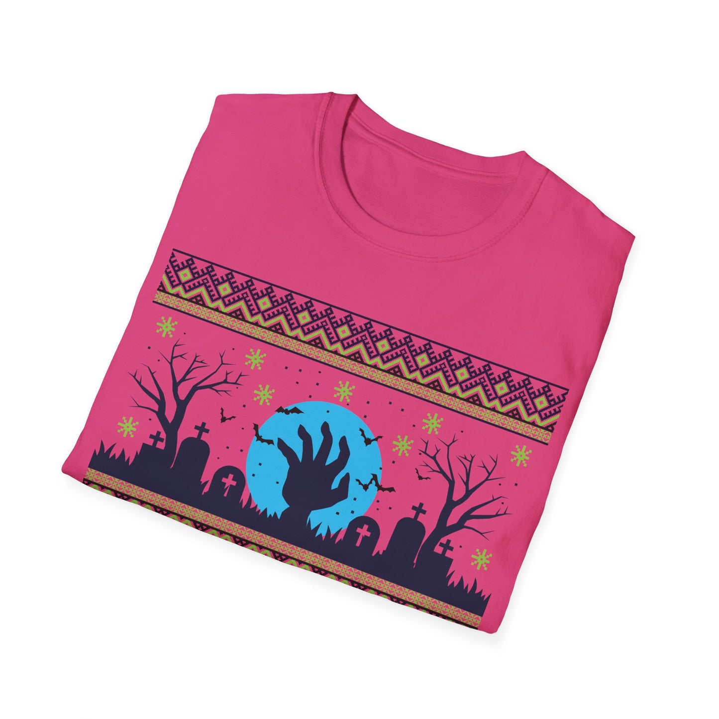 Folded pink t-shirt with a green and blue graphic design featuring a zombie theme and text 'Zombies Never Die' on a white background.