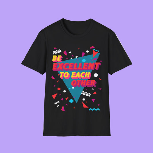 Black t-shirt with colourful geometric design and Be Excellent to each other text 