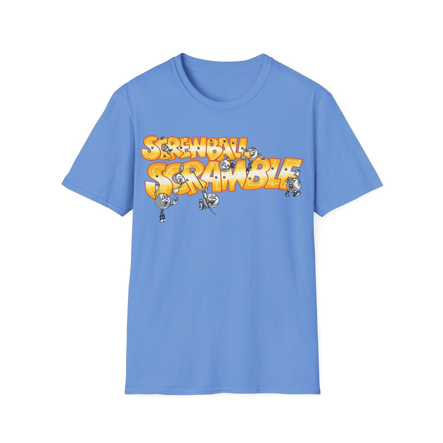 Blue t-shirt with 'Screwball Scramble' graphic design on a white background