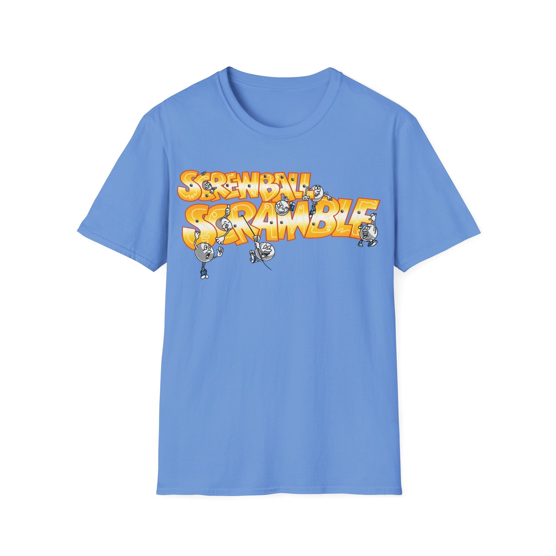 Blue t-shirt with 'Screwball Scramble' graphic design on a white background