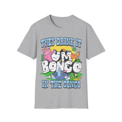 grey short sleeve official Um Bongo T-shirt colourful 80s tropical juice drink cartoon animals with They drink it in the congo text and Um bongo logo