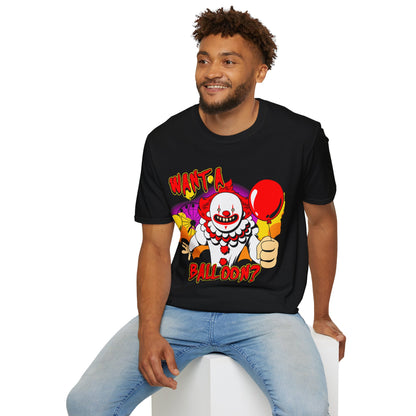 Man wearing a black t-shirt with a colorful graphic design of a creepy clown and Want A Balloon text.