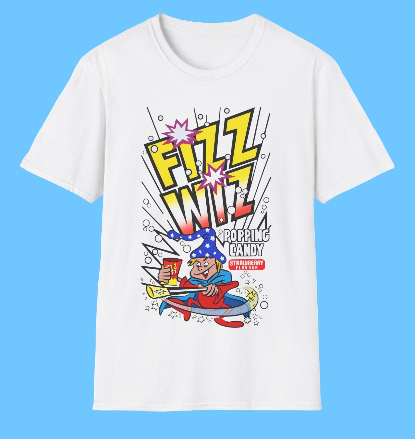 Retro popping candy 80s sweets White t-shirt with colourful graphic design featuring a character and 'Fizz Wiz' text 