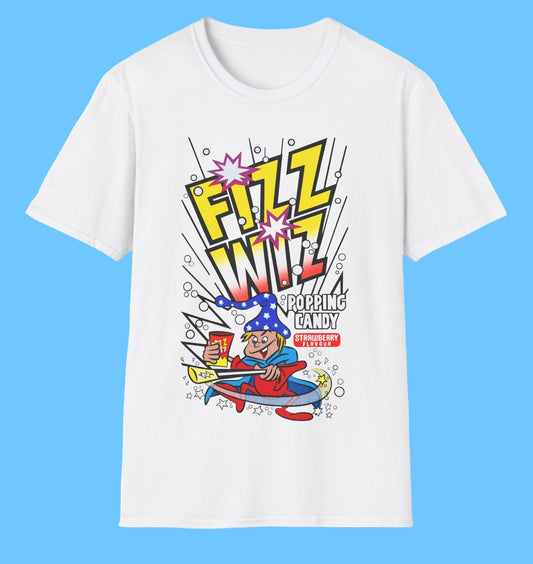 Retro popping candy 80s sweets White t-shirt with colourful graphic design featuring a character and 'Fizz Wiz' text 