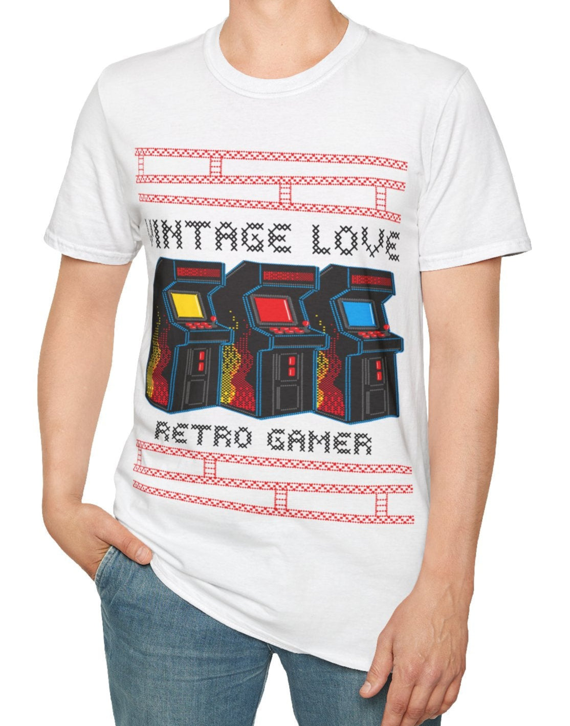 Person wearing a white t-shirt with retro arcade game design and Vintage Love Retro Gamer text on a white background
