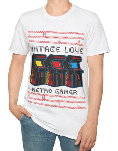 Person wearing a white t-shirt with retro arcade game design and Vintage Love Retro Gamer text on a white background