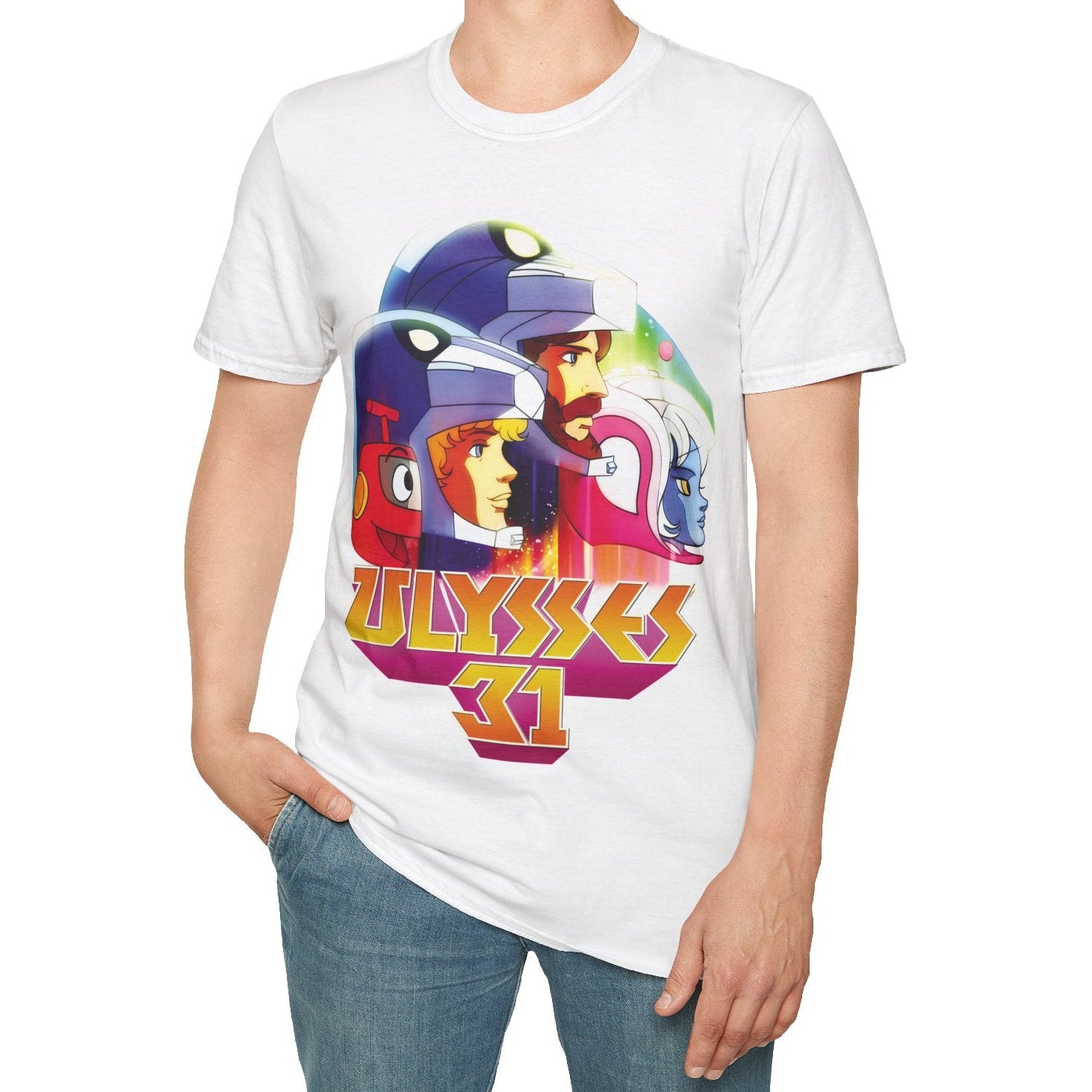 Person wearing a white t-shirt with colourful Ulysses 31 graphic design on a white background