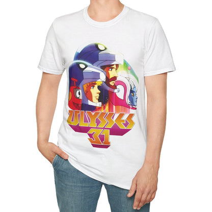 Person wearing a white t-shirt with colourful Ulysses 31 graphic design on a white background