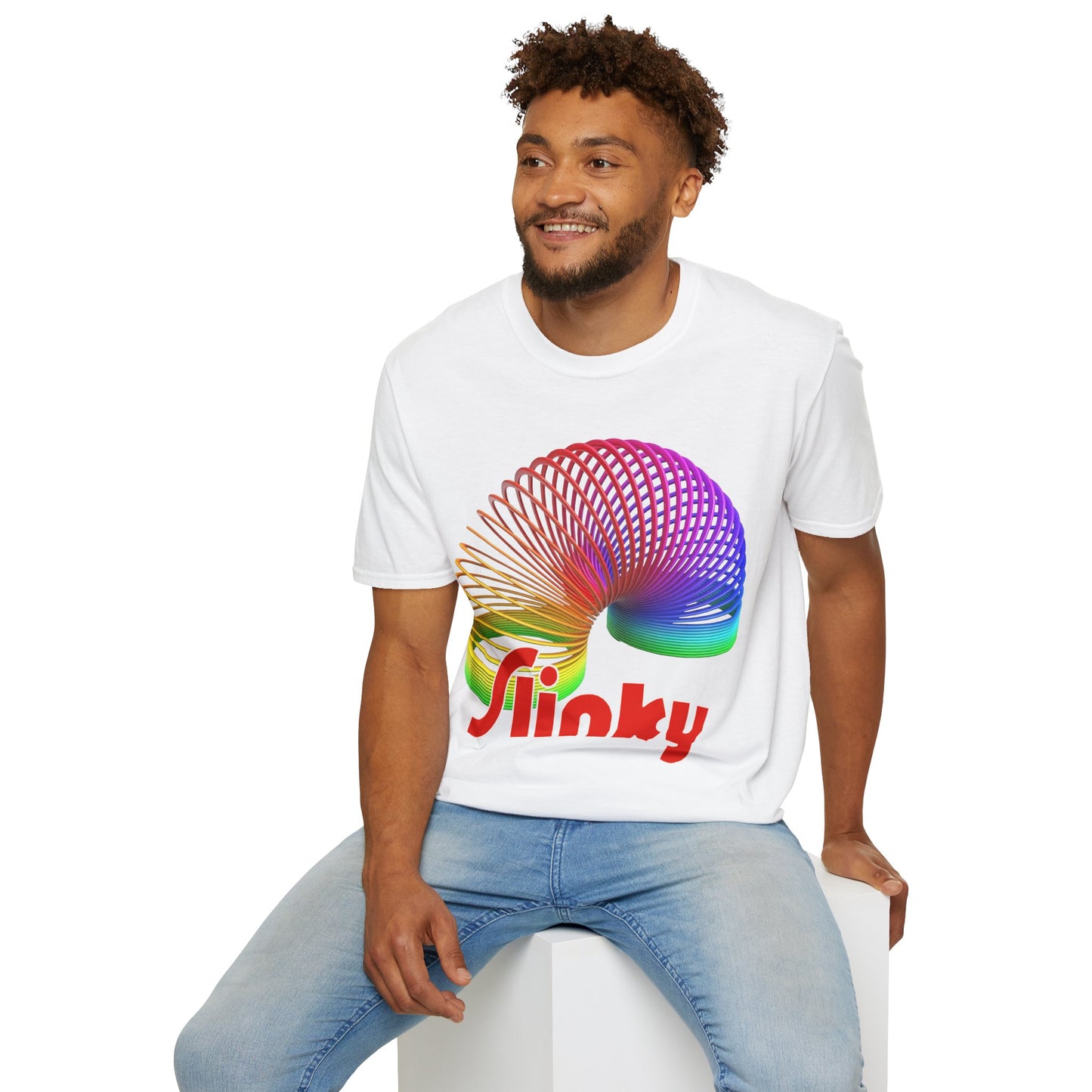 Man wearing a white t-shirt with a colorful Slinky logo on a white background