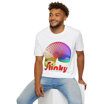 Man wearing a white t-shirt with a colorful Slinky logo on a white background