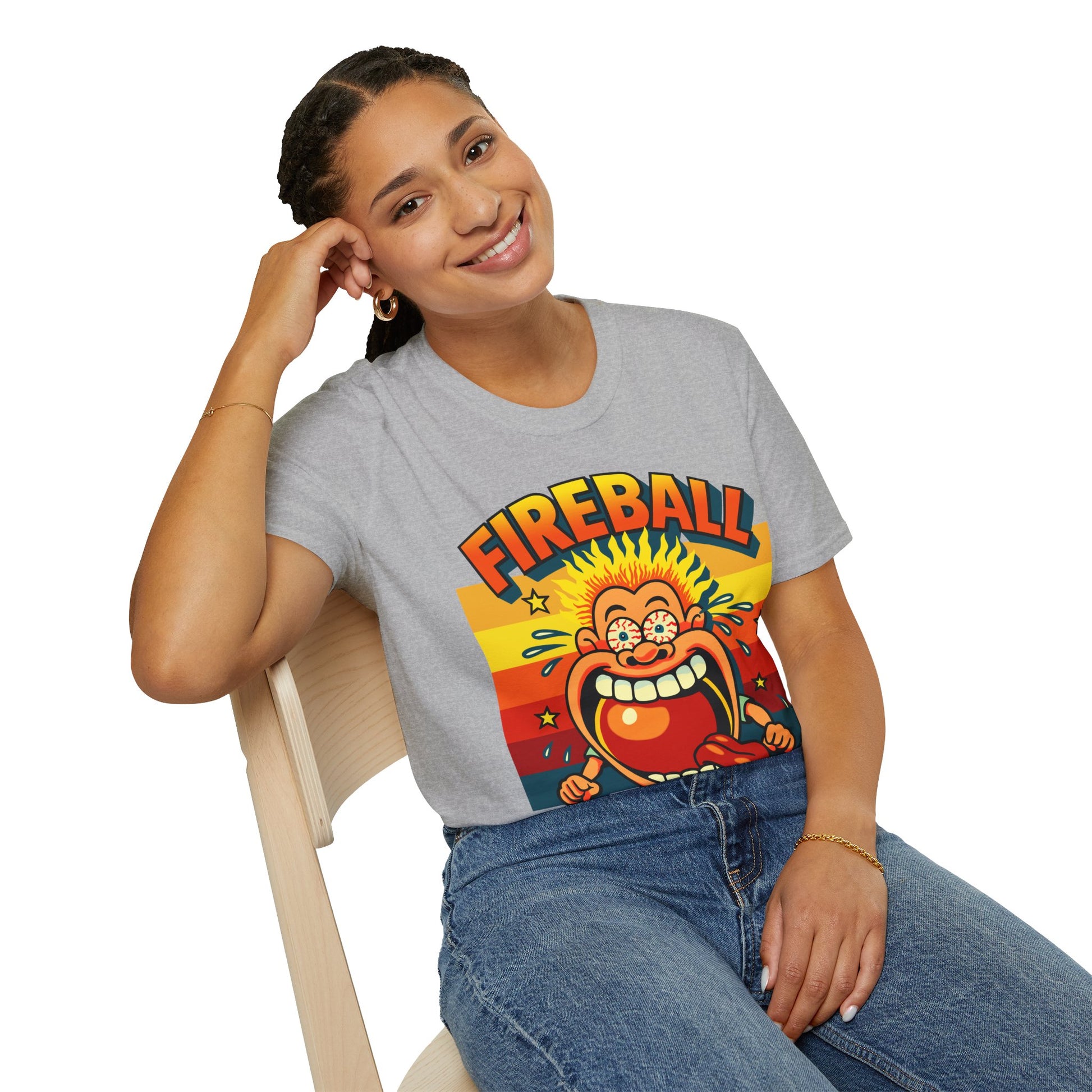 Person wearing a grey t-shirt with a colorful 80s Fireball Jawbreaker graphic design on a white background