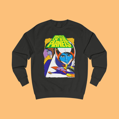 Black Battle of the Planets sweatshirt with colourful graphic design on a white background