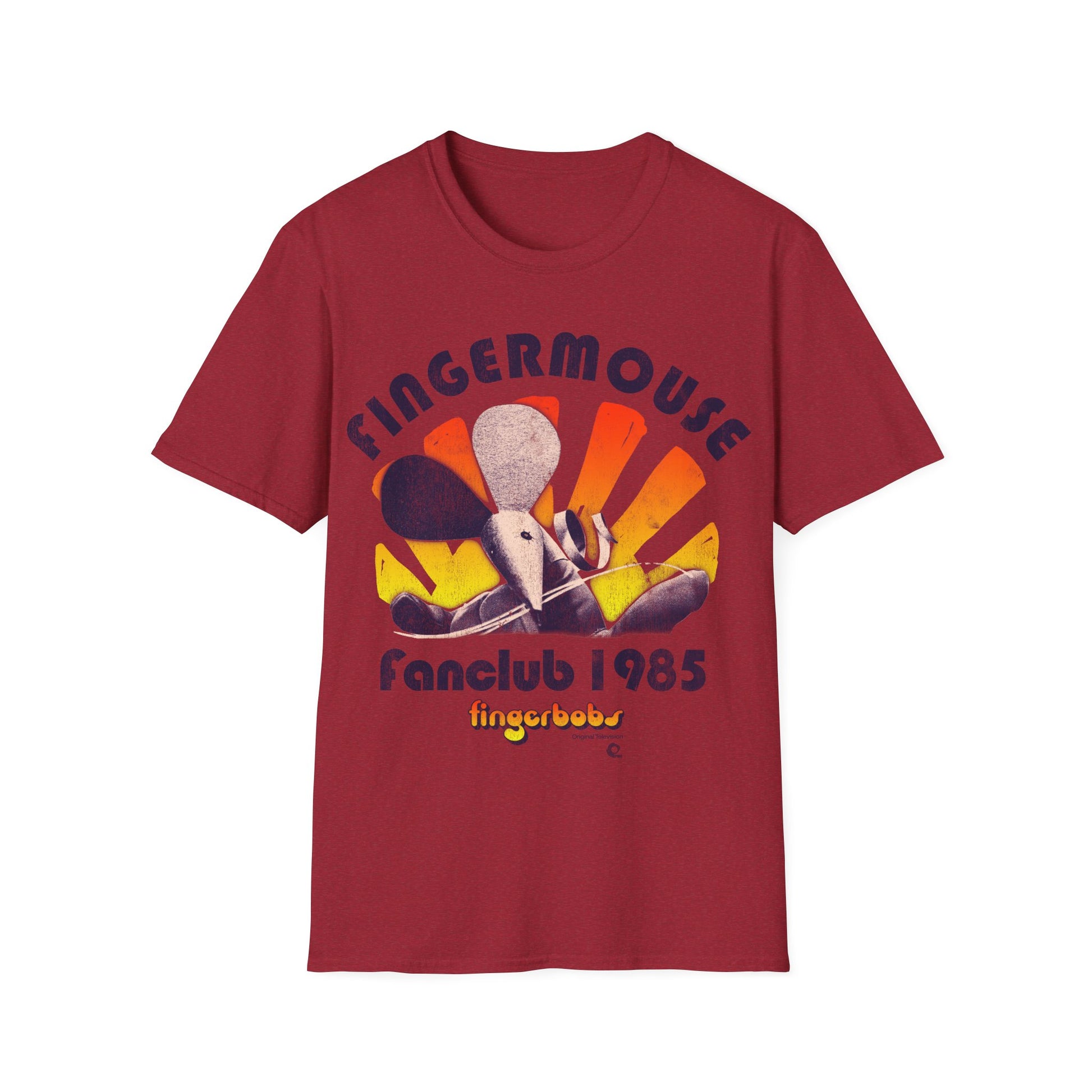 Red t-shirt with 'Fingermouse Fanclub 1985' graphic design on a white background