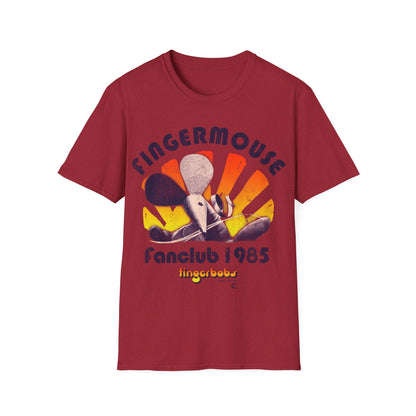 Red t-shirt with 'Fingermouse Fanclub 1985' graphic design on a white background