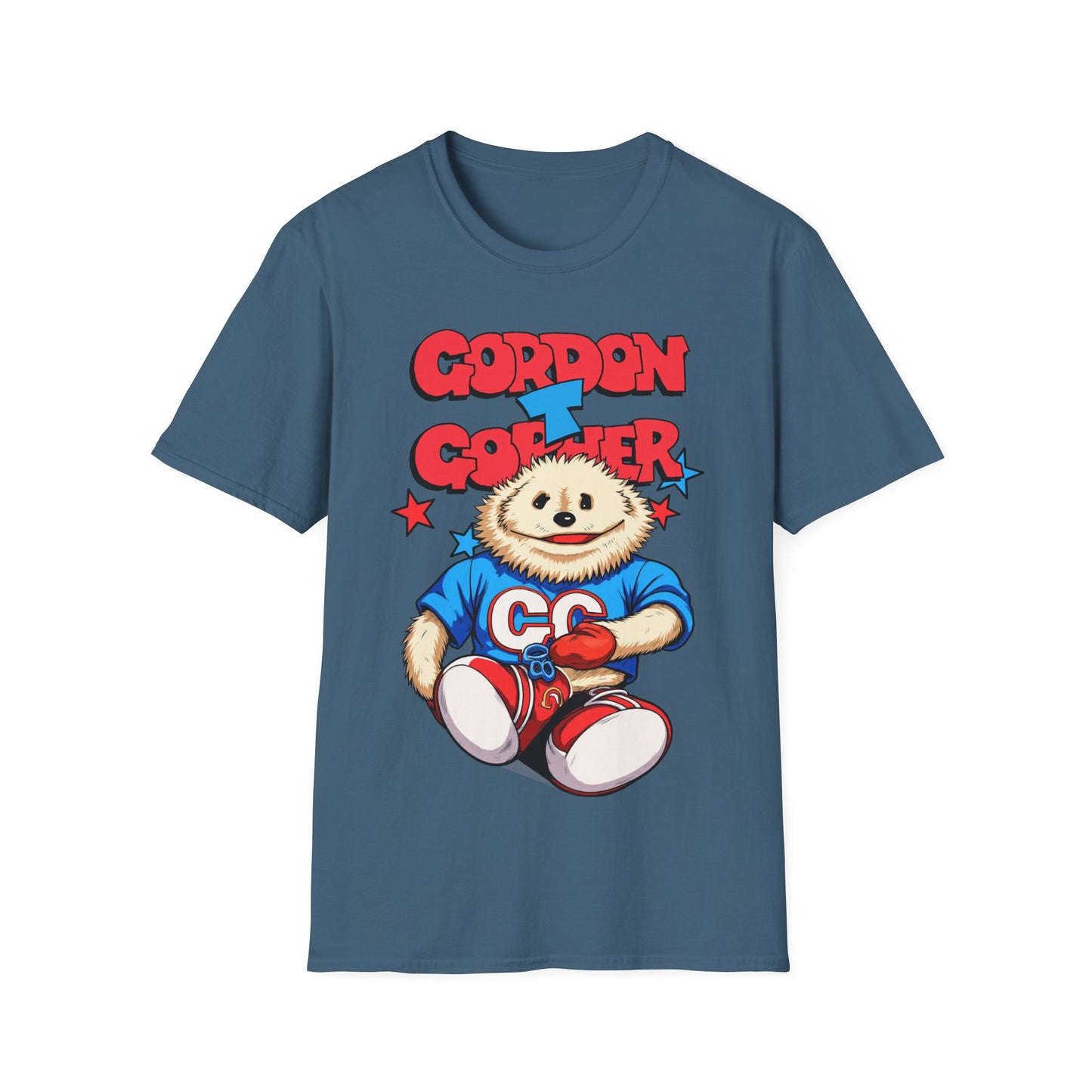 Blue t-shirt with cartoon character and 'Gordon Gopher' text on a white background